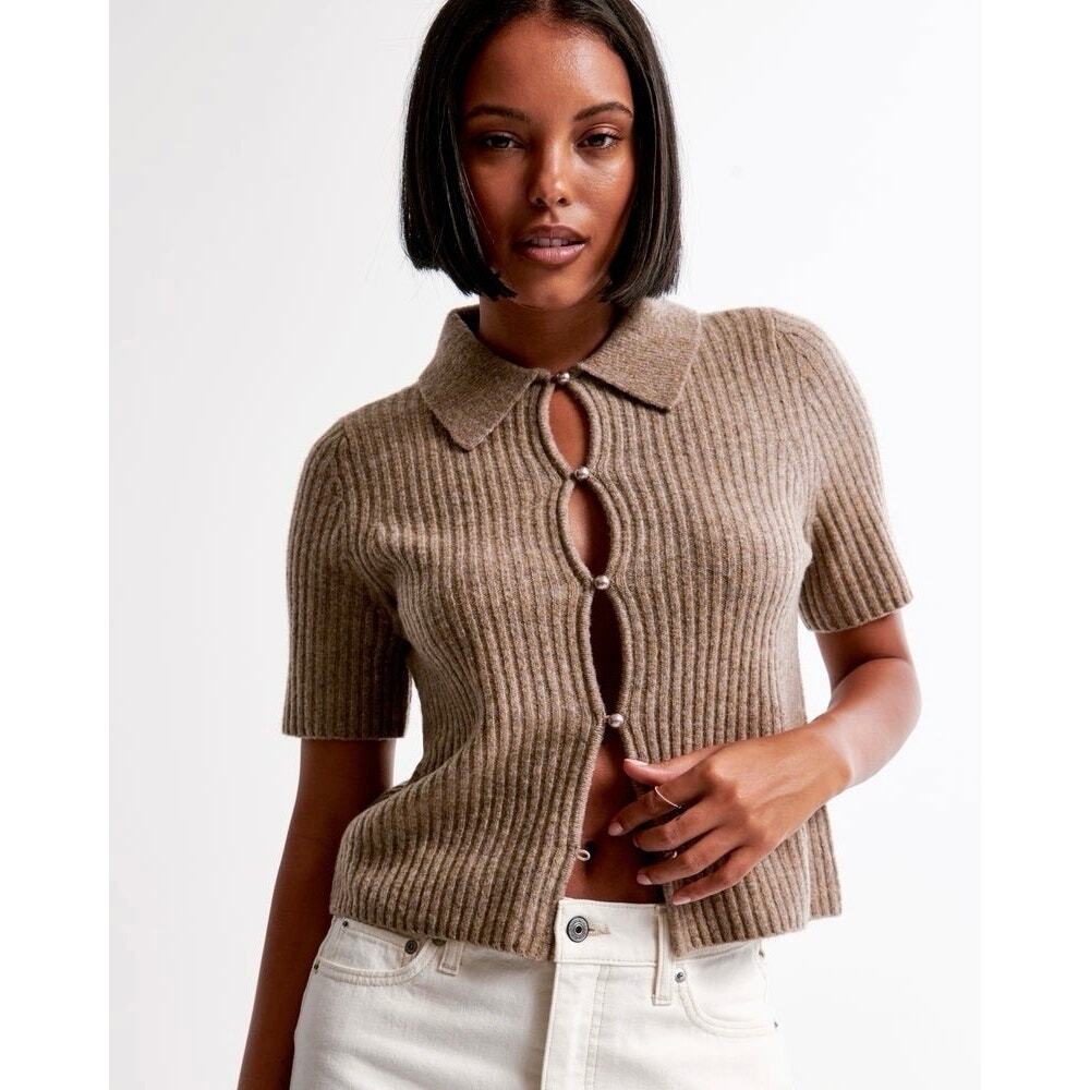 Abercrombie & Fitch Short-Sleeve Pearl Button Brown Collared Cardigan Sweater XL